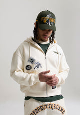 Hommes Respect The Game multi-badges sweat à capuche zippé complet - Écru