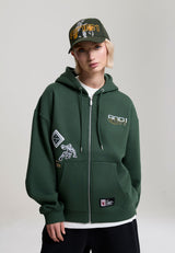 Womens Respect The Game Multi Badge Zip Through Hoodie - Forest Green