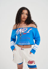 Womens Vintage Bardot Court Graphic Long Sleeve Top - Blue