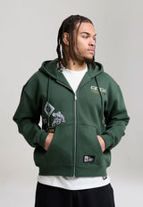 Mens Respect The Game Multi Badge Zip Through Hoodie - Forest Green