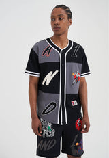 Mens Patchwork Baseball Jersey Top - Black