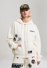 Womens Respect The Game Multi Badge Zip Through Hoodie - Ecru
