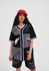 Patchwork-Baseball-Jersey-Oberteil für Damen - Schwarz